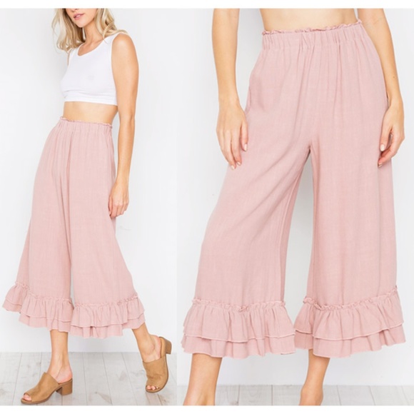 Mustard Seed Pants - Last☝️Linen/Cotton Ruffle High Waist Culotte Pants